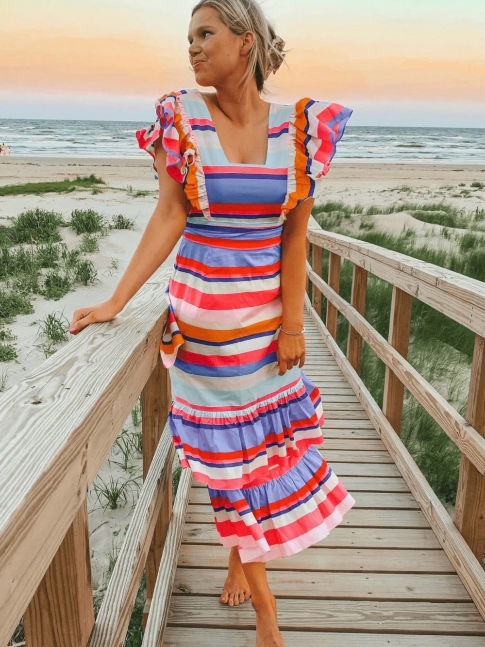 Striped Multicolor Midi Dress - Pink, Blue & White